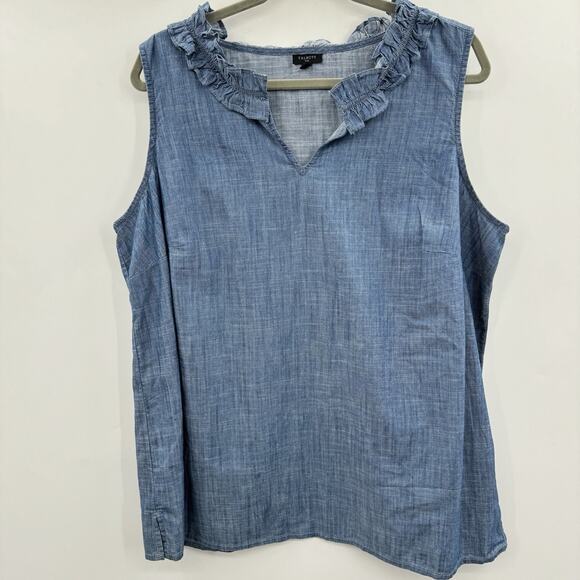 Talbots Chambray Cotton Ruffle Neck Top Sz 1X Blue Tank Business Casual Office - Picture 1 of 8